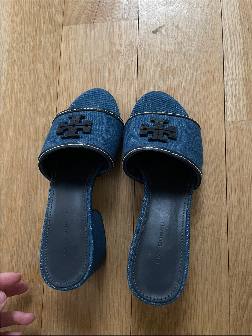 Tory Burch Denim Slide Heels with Black Logo